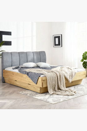 Tömörfa tölgy franciaágy textil fejvéggel és tárolórekesszel